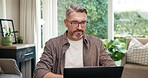 Remote work, review or man in home with laptop, investment research or email response on portfolio. Reading, WFH or mature finance advisor with tech, budget draft or client feedback on funding report