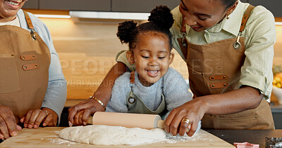 Buy stock photo Baking, kitchen and child with parents, rolling pin and dough for recipe, learning and help in home. Happy, family and black girl with mom, dad and ingredients for meal, cooking and bonding together