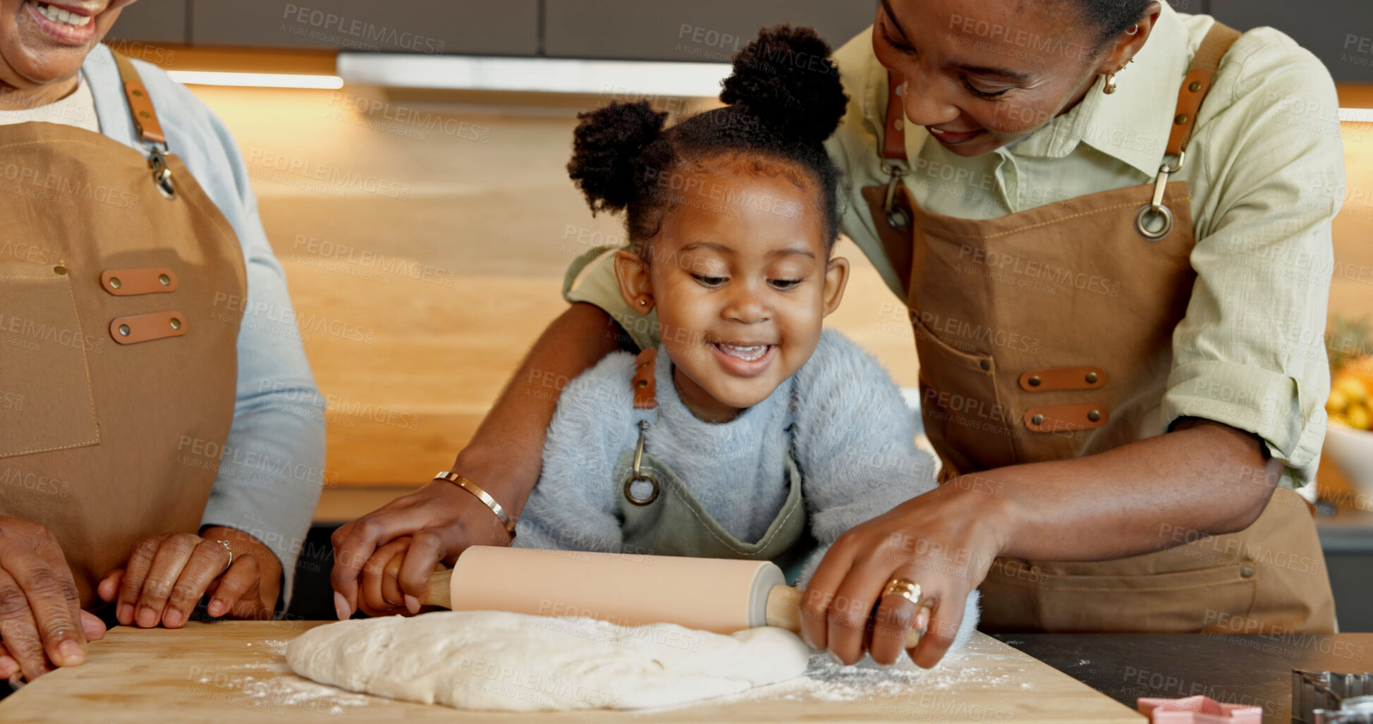 Buy stock photo Baking, kitchen and child with parents, rolling pin and dough for recipe, learning and help in home. Happy, family and black girl with mom, dad and ingredients for meal, cooking and bonding together