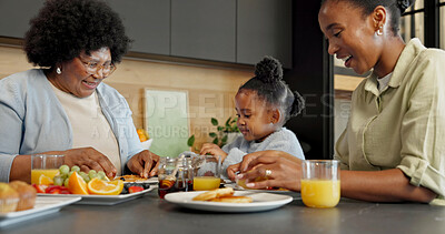 Buy stock photo Grandma, mom and child with fruit for breakfast, healthy eating and meal together in morning. Family, home and African girl with mother, grandparent and food for vitamins, nutrition and wellness