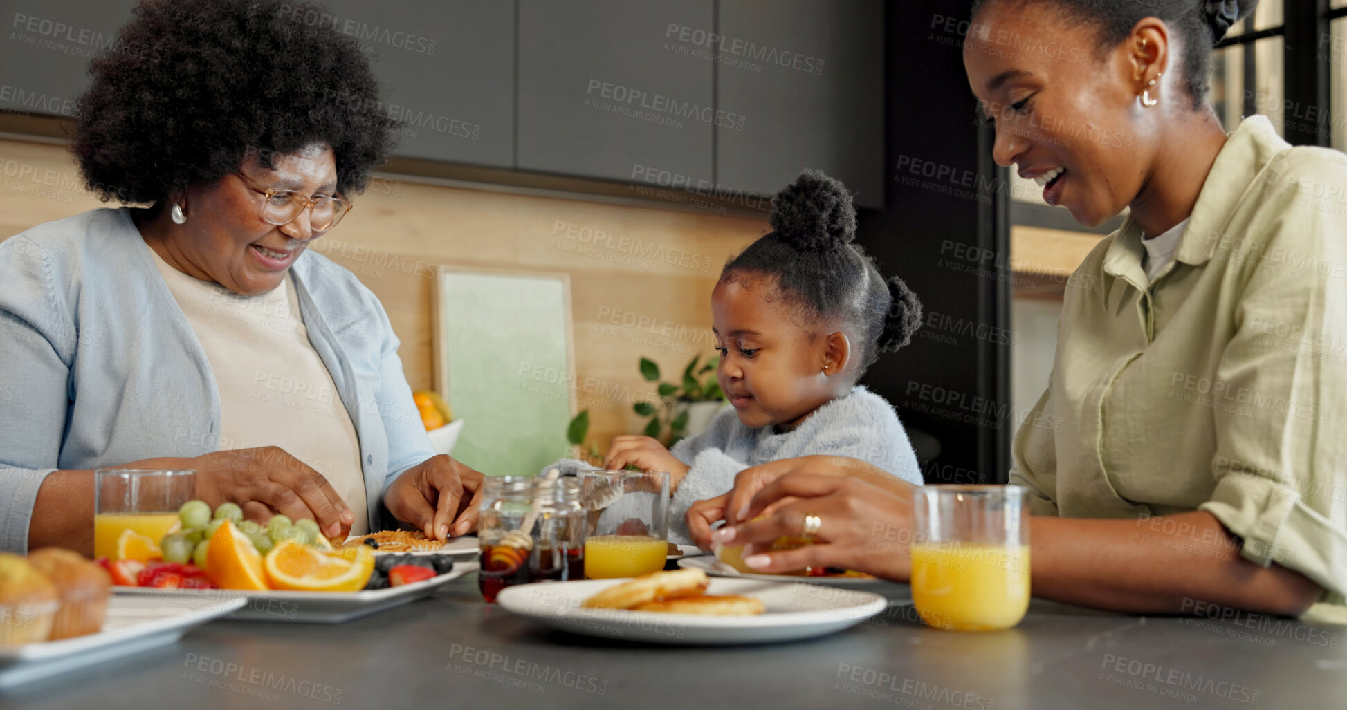 Buy stock photo Grandma, mom and child with fruit for breakfast, healthy eating and meal together in morning. Family, home and African girl with mother, grandparent and food for vitamins, nutrition and wellness