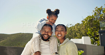 Buy stock photo Parents, child and support on shoulder in backyard for quality time, bonding or smile portrait. Black family, kid and happy at house with carry, relationship development or love connection on weekend