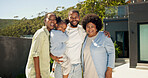 Happy, portrait and black family with hug for holiday break, outdoor bonding or safety together. Mom, dad and grandma with child or smile for weekend stay, visit or vacation on property or house