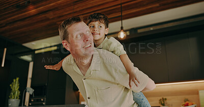 Buy stock photo Father, airplane and play with kid in home for support, quality time and bonding with smile. Happy boy, dad and flying game in family house for care, piggyback or security with parent connection