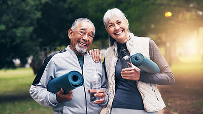 Buy stock photo Portrait, old couple and smile at park for yoga, exercise and training for healthy lifestyle. Happy, senior people or mat in nature with water bottle, pilates fitness and outdoor workout for wellness