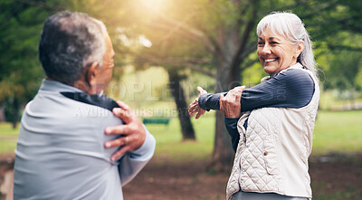 Buy stock photo Smile, old couple or stretching at park for fitness, getting ready or exercise for healthy lifestyle. Happy, senior people and warm up in nature for benefits, training or muscle workout for wellness