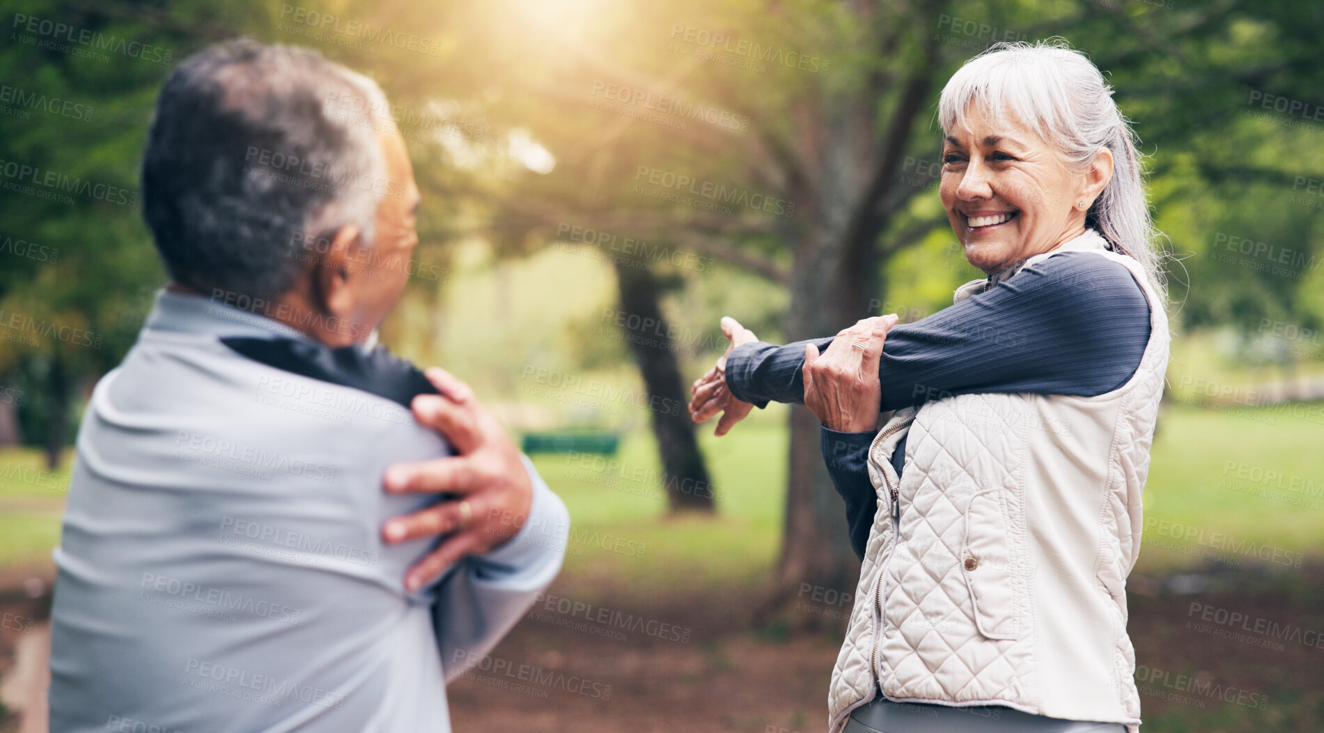 Buy stock photo Smile, old couple or stretching at park for fitness, getting ready or exercise for healthy lifestyle. Happy, senior people and warm up in nature for benefits, training or muscle workout for wellness