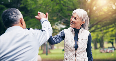 Buy stock photo Senior, fitness and happy couple with high five in park for winning, success or wellness together. Active, elderly man and woman with smile for workout achievement, victory or outdoor accomplishment