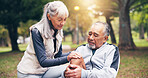 Knee pain, fitness and help with old couple in park for runner risk, fibromyalgia and accident. Workout injury, training sprain and torn ligament with senior man and woman outdoor for leg check