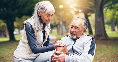 Buy stock photo Knee pain, fitness and help with old couple in park for runner risk, fibromyalgia and accident. Workout injury, training sprain and torn ligament with senior man and woman outdoor for leg check