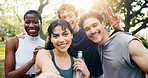 Happy, friends and selfie at park for fitness memory, bonding and exercise update on social media. Flare, people and photo in portrait for post workout, water break and peace sign for profile picture
