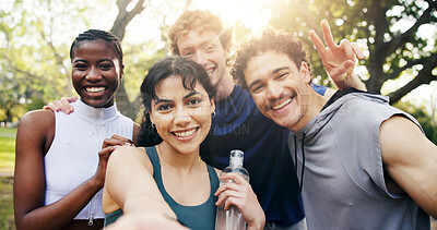 Buy stock photo Happy, friends and selfie at park for fitness memory, bonding and exercise update on social media. Flare, people and photo in portrait for post workout, water break and peace sign for profile picture