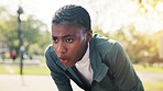 Fitness, breathing and tired woman on break at park for wellness, health or pause for recovery. Exhausted runner, black person and resting outdoor with fatigue, exercise lifestyle or challenge