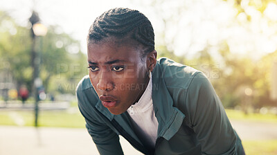 Buy stock photo Fitness, breathing and tired woman on break at park for wellness, health or pause for recovery. Exhausted runner, black person and resting outdoor with fatigue, exercise lifestyle or challenge