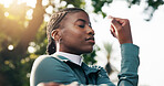 Stretching, calm and fitness with black woman in nature for health, sports challenge and workout. Muscle warm up, exercise and wellness with person outdoor for training, peace and commitment
