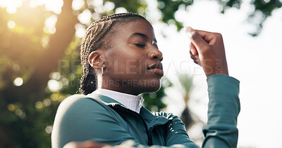 Buy stock photo Stretching, calm and fitness with black woman in nature for health, sports challenge and workout. Muscle warm up, exercise and wellness with person outdoor for training, peace and commitment
