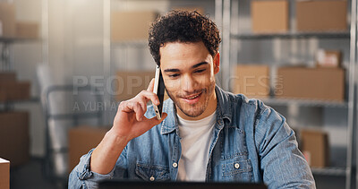 Buy stock photo Man, laptop and logistics with phone call for delivery, online order or shipping schedule in storage. Male person, distributor or supplier talking with technology or computer for courier service
