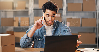 Buy stock photo Ecommerce, man and laptop in warehouse with phone call, online order and update courier on shipping. Person, talk and tech with delivery contact for logistics, feedback or planning merchandise export