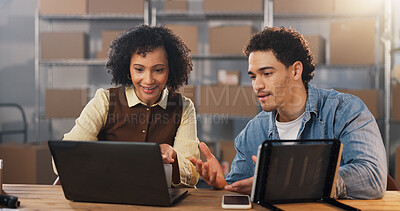 Buy stock photo Team, laptop and shipping with people in warehouse for tracking review, logistics and sku information. Collaboration, ecommerce and inventory report with employees and tech for order verification