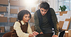 Team, search and laptop with people in warehouse for tracking review, logistics and sku information. Collaboration, ecommerce cargo and inventory report with employees for order verification