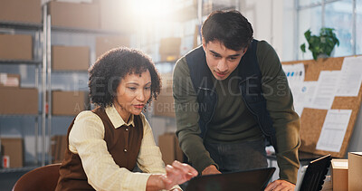 Buy stock photo Team, search and laptop with people in warehouse for tracking review, logistics and sku information. Collaboration, ecommerce cargo and inventory report with employees for order verification
