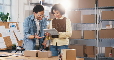 Buy stock photo Delivery, scan and tablet with people in warehouse for tracking review, logistics and sku information. Collaboration, ecommerce barcode and inventory report with employees for order verification