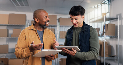 Buy stock photo Smile, people and logistics in office with tablet, research and supply chain of cargo distribution. Happy, team and reading at startup with digital, stock checklist and delivery agenda for ecommerce