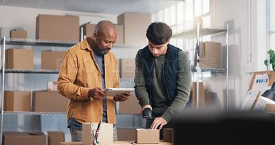 Buy stock photo People, logistics and scanner in office with tablet, order and supply chain of cargo distribution. Team, barcode and boxes at startup with digital, stock checklist and delivery agenda for ecommerce