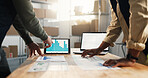 Logistics, data and people with hands for tablet screen, plan and strategy to increase online order. Team, meeting and ecommerce stats in office with tech, productivity and analysis for sales revenue