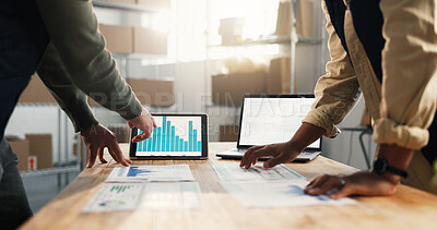 Buy stock photo Logistics, data and people with hands for tablet screen, plan and strategy to increase online order. Team, meeting and ecommerce stats in office with tech, productivity and analysis for sales revenue