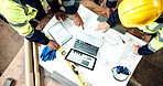 Hands, team or tech with blueprint for construction planning, design revision or drawing update. Above, people or floor plan on site for workflow graph, digital screen or layout change for zoning law