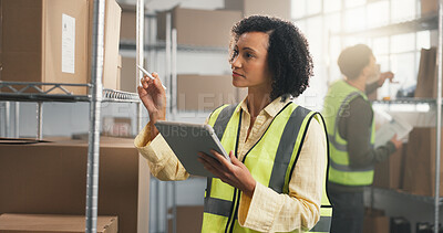 Buy stock photo Inspection, woman and tablet in storage for logistics cycle count, inventory audit or QA check. Startup, mature receiving clerk or WMS app to verify inbound shipment, order picking or quality control