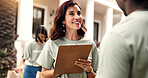Smile, woman and clipboard at event for volunteering, sign up and appoint task for charity. Happy, coordinator and people with checklist for participation, job allocation and application for outreach