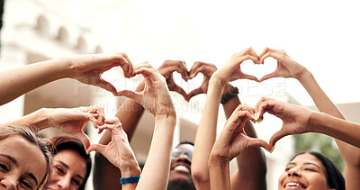 Buy stock photo Happy, students and hands at campus with heart, new semester and motivation for education. Portrait, friends or teacher at college with love gesture, acceptance and encourage for learning opportunity