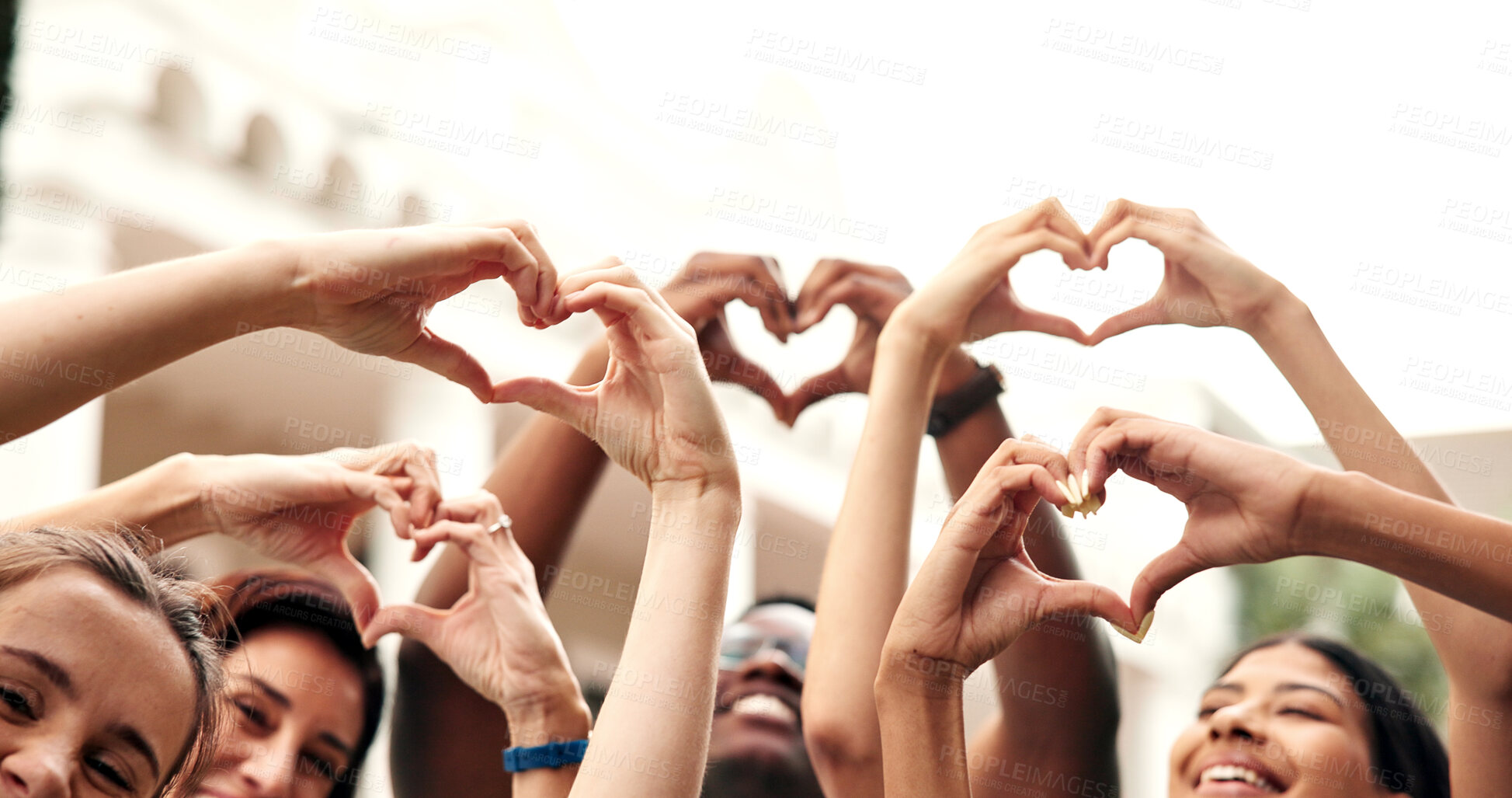 Buy stock photo Happy, students and hands at campus with heart, new semester and motivation for education. Portrait, friends or teacher at college with love gesture, acceptance and encourage for learning opportunity