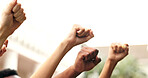 Hands, people and rally in city for protest, movement and call to action for violence awareness. Activist, fist pump and power resistance for humanitarian crisis, honoring victims and justice demand