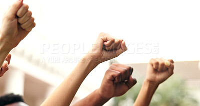 Buy stock photo Hands, people and rally in city for protest, movement and call to action for violence awareness. Activist, fist pump and power resistance for humanitarian crisis, honoring victims and justice demand