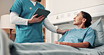 Nurse, support and woman in hospital bed with tablet, help and listen for rehabilitation update. Mature person, healthcare worker and consultation in clinic with tech, advice or assurance for healing