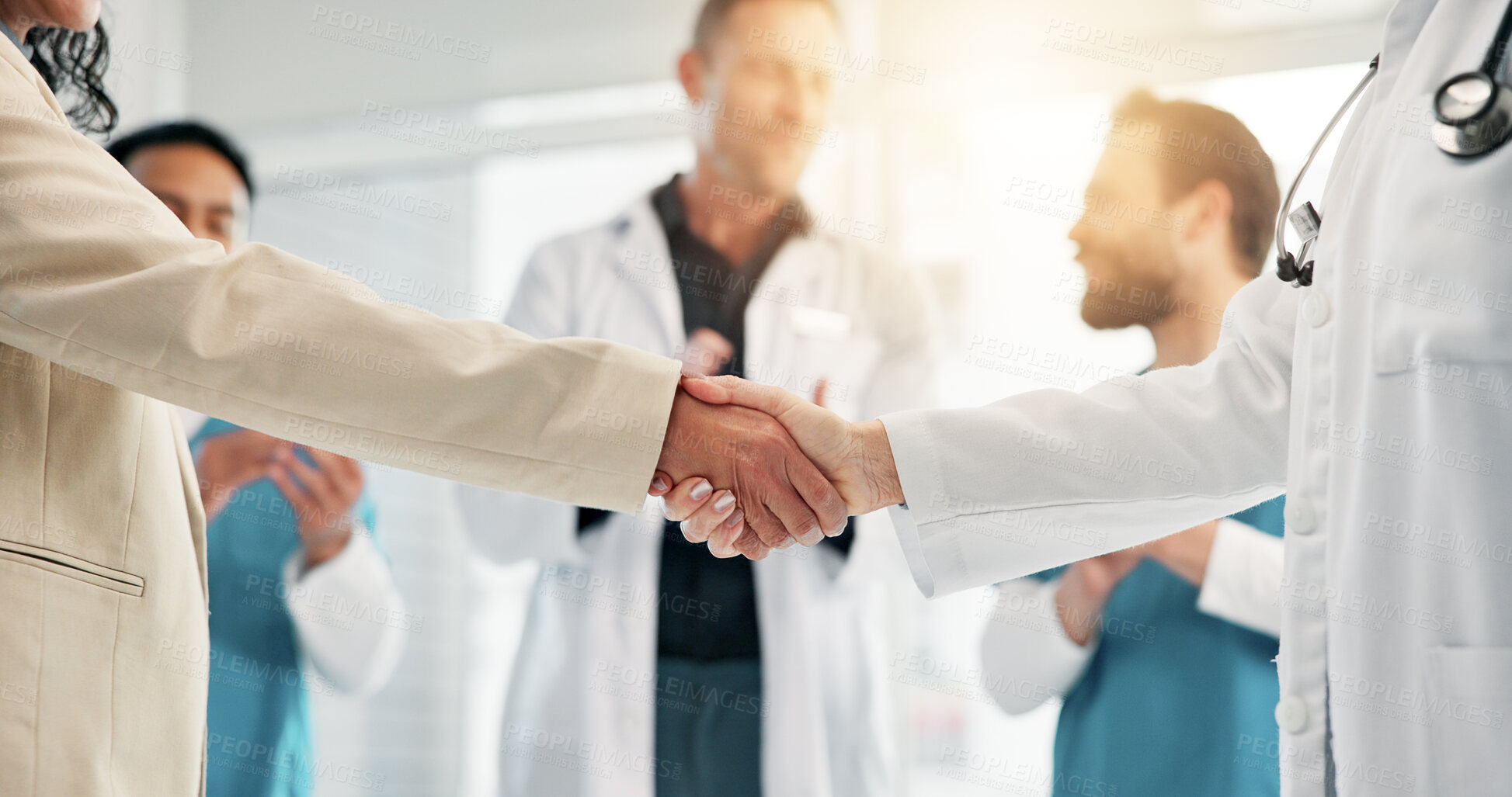 Buy stock photo Doctor, people and shaking hands in hospital for healthcare agreement, funding or clap for approval. Team, applause and handshake in clinic for partnership, medical grant and celebration for success