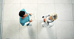 Above, doctor and nurse with team planning, healthcare schedule or hospital budget checklist. People, clipboard document and collaboration in clinic for cost feedback, admin and medical discussion