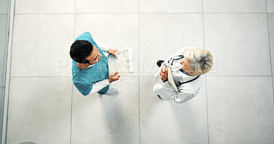 Buy stock photo Above, doctor and nurse with team planning, healthcare schedule or hospital budget checklist. People, clipboard document and collaboration in clinic for cost feedback, admin and medical discussion