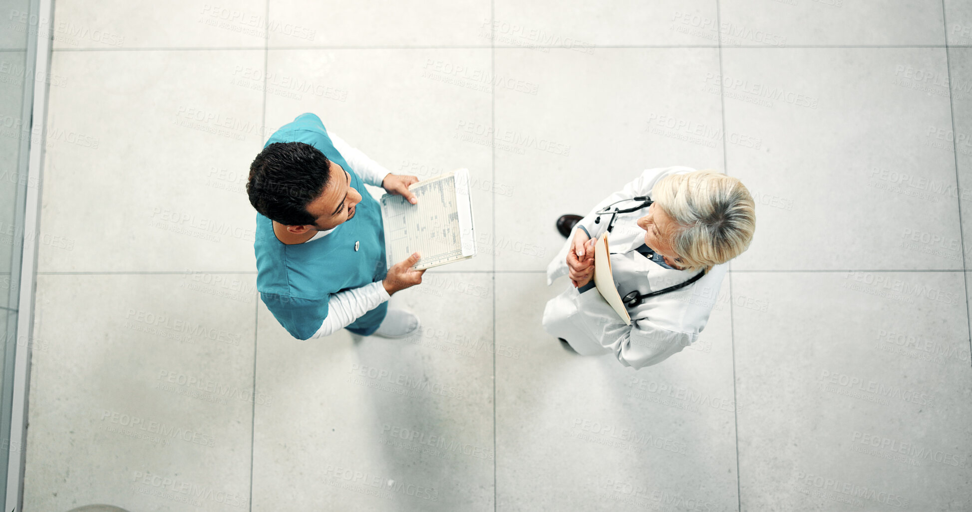 Buy stock photo Above, doctor and nurse with team planning, healthcare schedule or hospital budget checklist. People, clipboard document and collaboration in clinic for cost feedback, admin and medical discussion