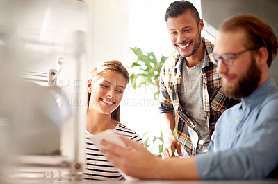 Buy stock photo 3D printer, collaboration and design with business people in office for production of prototype. Creative, manufacturing and process with happy employee team in workplace together for development