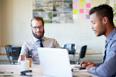 Buy stock photo Business, men and meeting with laptop in office for research, teamwork and financial planning. Smile, people and collaboration with PC, brainstorming ideas and finance information for proposal pitch
