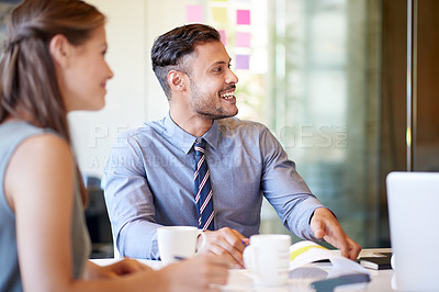 Buy stock photo Business, people and meeting with smile in office for results, teamwork and financial report. Happy, staff and collaboration with documents, brainstorming and good news of finance proposal at company