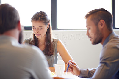 Buy stock photo Meeting, colleagues and discussion with group, boardroom or planning for financial strategy or idea. Corporate, business analyst and project for funding opportunity, people or teamwork for investment
