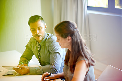 Buy stock photo Office, meeting and business people with paperwork for project, proposal strategy or budget report. Startup, professional and workers with documents for collaboration, teamwork and financial planning