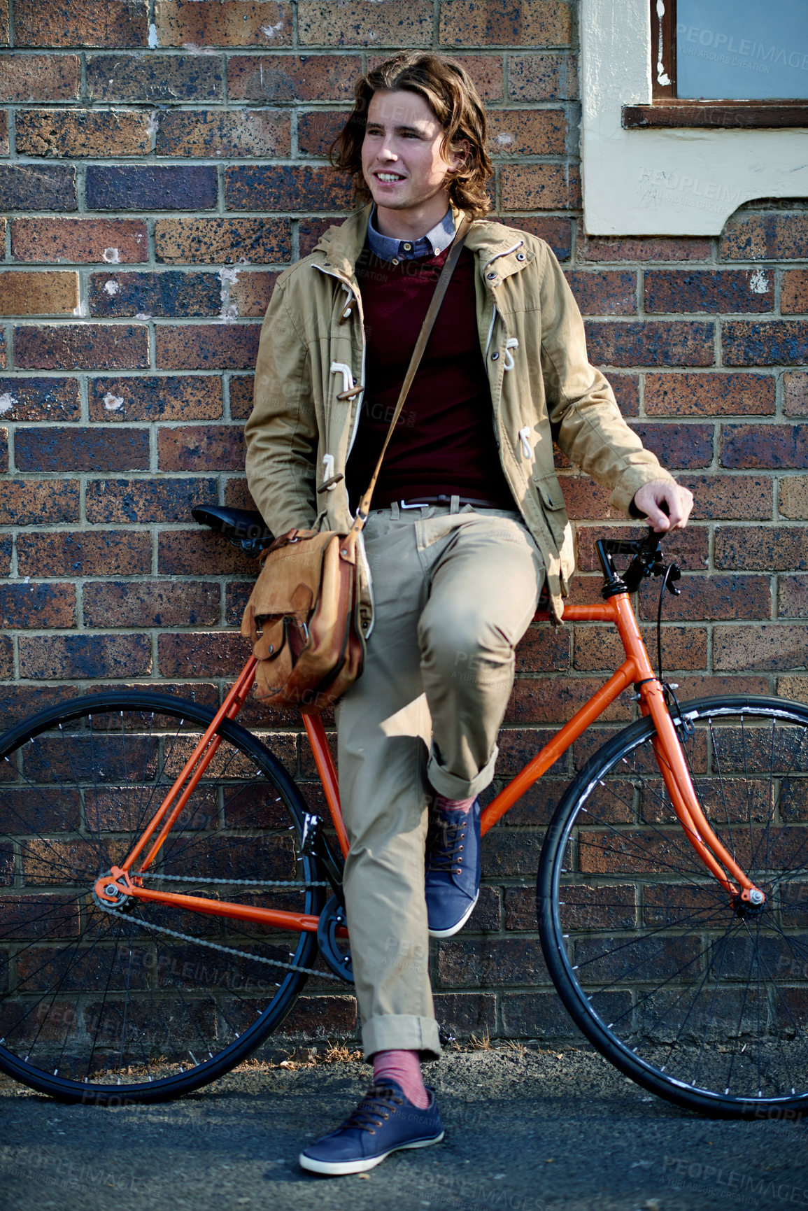Buy stock photo Thinking, bike and man in city, break and eco friendly with urban town, tourism and journey. Person, outdoor and bicycle with transportation, sustainability and location with direction or Netherlands