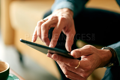Buy stock photo Hands, business and man in cafe, tablet and connection with social media, economy news and internet. Closeup, person and investor in coffee shop, technology and communication with trading and email