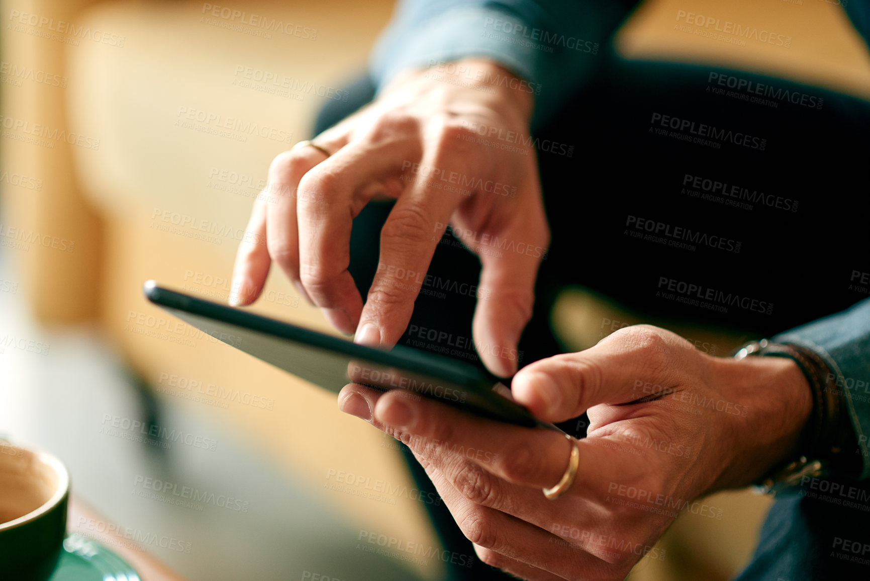 Buy stock photo Hands, business and man in cafe, tablet and connection with social media, economy news and internet. Closeup, person and investor in coffee shop, technology and communication with trading and email